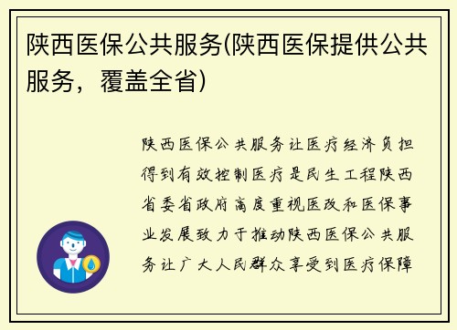陕西医保公共服务(陕西医保提供公共服务，覆盖全省)
